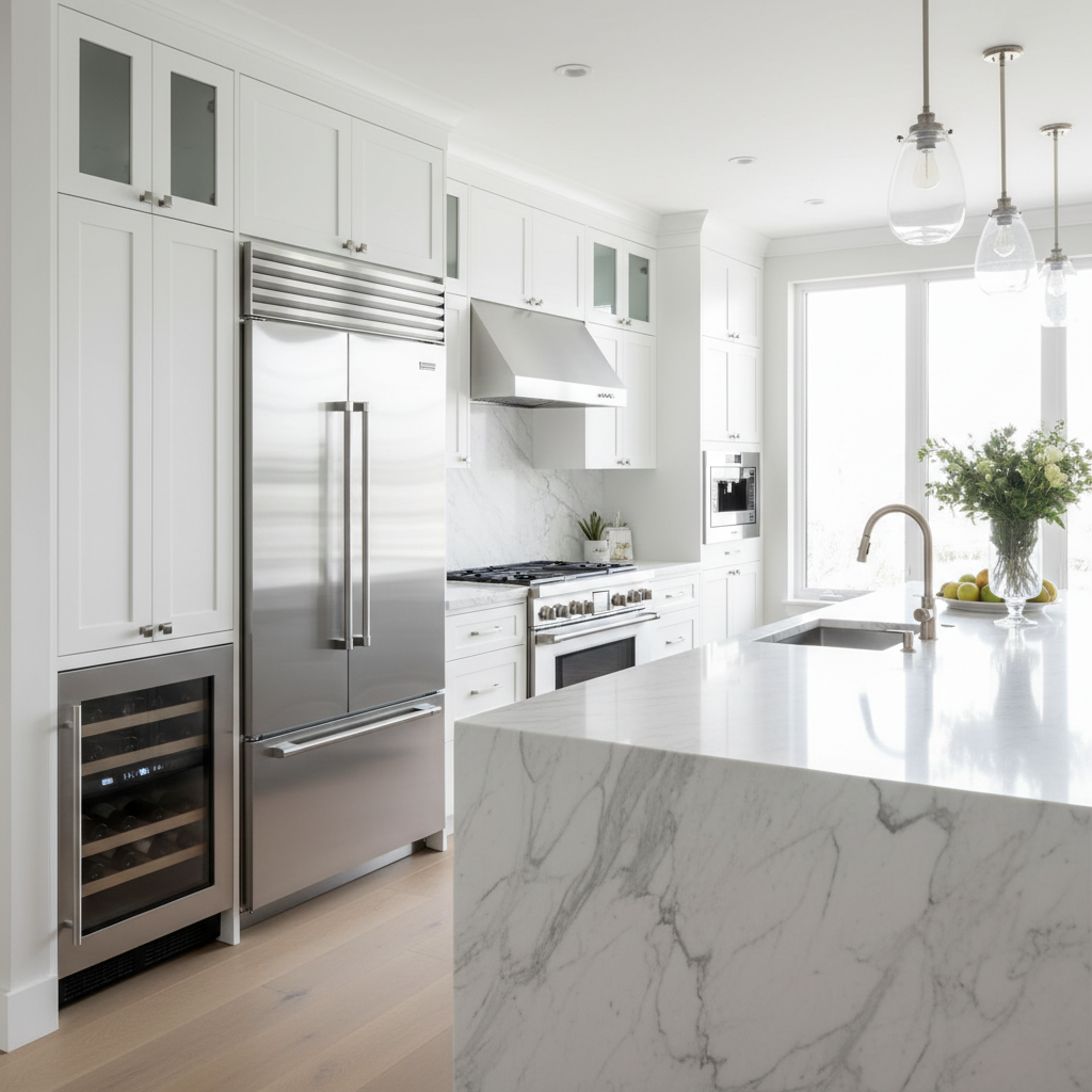 Luxury kitchen with built-in refrigerator and premium range